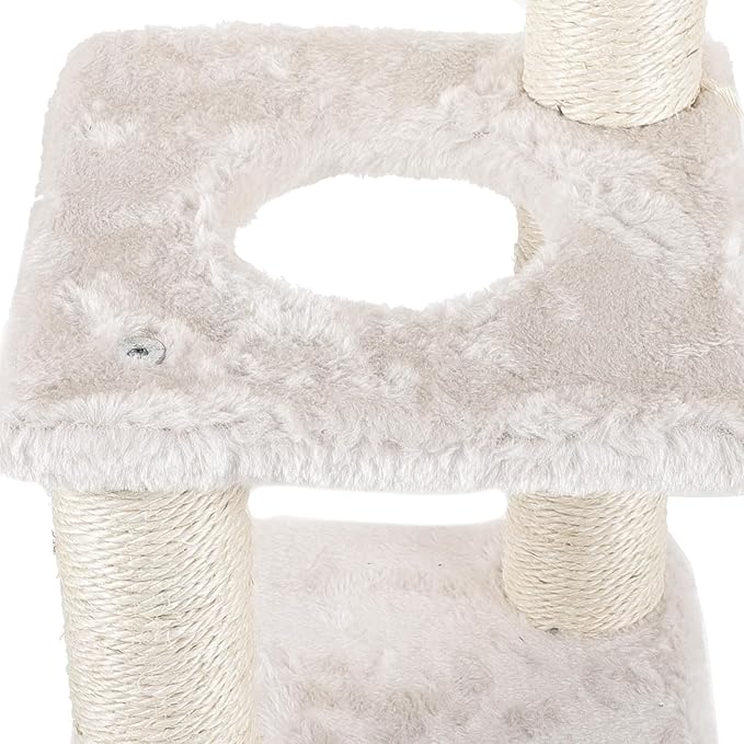TOYANDONA Beige Sisal Cat Scratching Post 3-Layer Integrated Cat Tree with Hanging Mouse Multi-Level Kitten Activity Tower for Indoor Pet Play and Claw Care