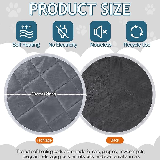 2 Pcs Self Warming Cat Mat Round Self Heating Pad Bed Reversible Machine Washable Heated Bed Anti Slip Warming Pad Pet Mat for Cat Crate Indoor Outdoor (Gray,12 Inch)