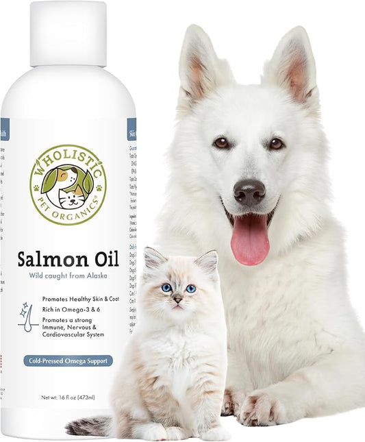 Wholistic Pet Organics Salmon Oil: Deep Sea Wild Alaskan Salmon Oil for Dogs and Cats - Natural Omega 3 Dog Fish Oil Supplement with EPA and DHA for Skin, Coat, Heart and Nervous System Health
