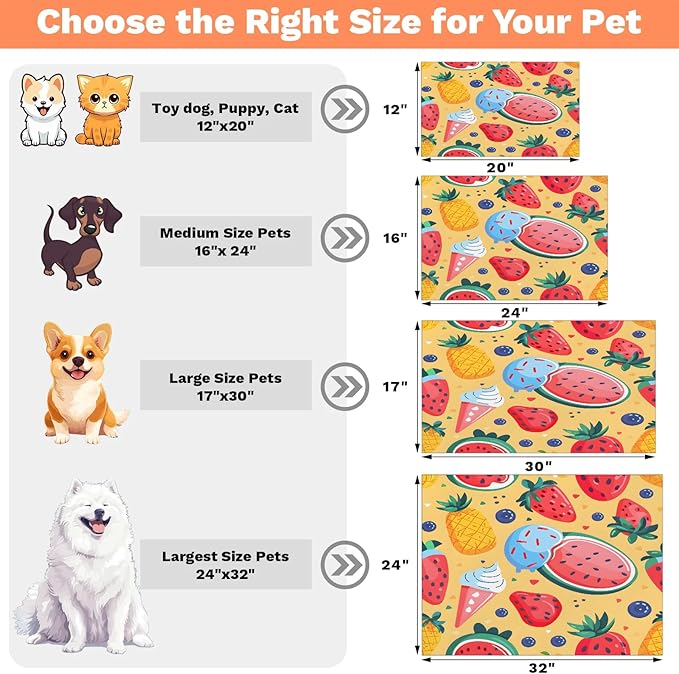 Ice Cream Dog Food Mat for Floors Absorbent Dog Bowl Mat for Food and Water Dispenser Quick Dry Cat Food Placemat Pet Supplies 24" x 32", Watermelon Strawberry