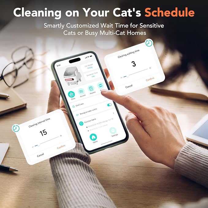 RPZ Automatic Cat Litter Box Self Cleaning, Robot Litter Box for Multiple Large Cats, Open Top Auto App Control Ultra-Quiet, Durable, Keep Home Freshness, Wood Grain