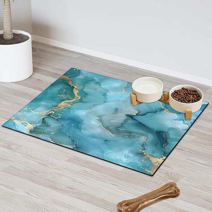 Blue Marble Dog Food Mat for Floors Absorbent, Quick Dry Water Dispenser Mat for Food, Water, Pet Supplies 17" x 30", Abstract