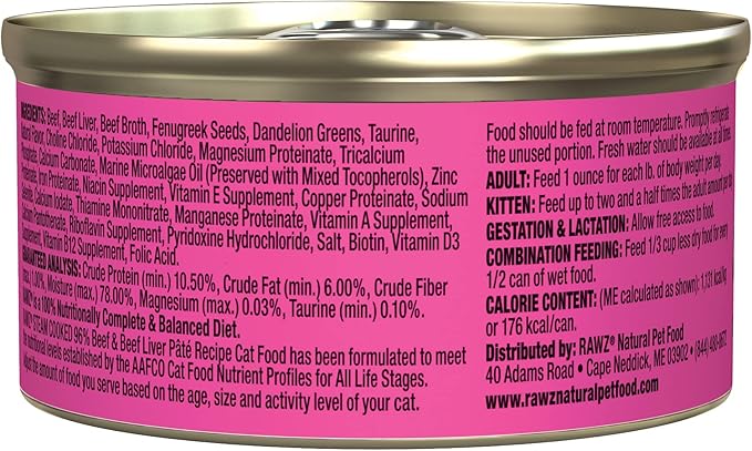 Rawz Natural Premium Pate Canned Cat Wet Food - Made with Real Meat Ingredients No BPA or Gums -3 oz Cans (Case Pack of 18) (Beef)