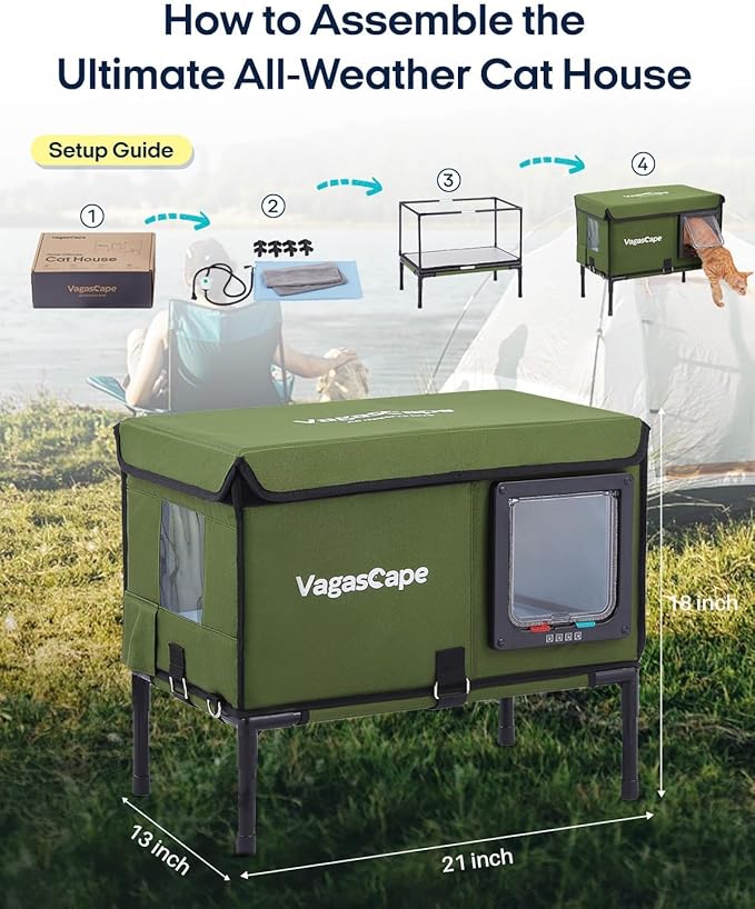 Heated Cat House for Outdoor in Winter, Insulated Weatherproof Cat Shelter with Heating Pad and Safe Escape Door, Waterproof Warm Home for Outside Barn Feral Stray Cat（Green）