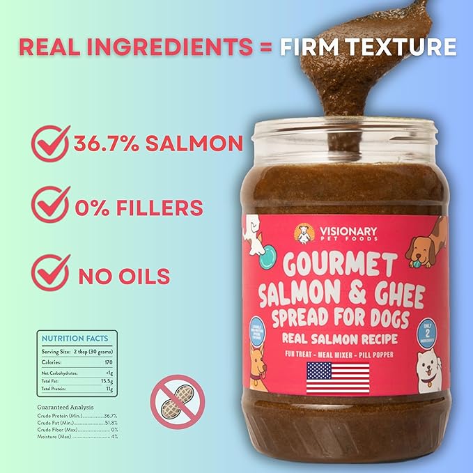 Visionary Pet Foods Salmon and Ghee Meat Spread, Dog Safe - Natural Peanut Butter Alternative - Digestive Support, No Additives - Meal Topper or Lick Mat Treat - 12oz Jar