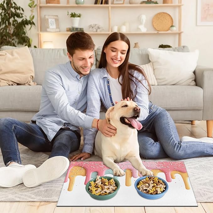 Ice Cream Dog Food Mat for Floors Absorbent Dog Bowl Mat for Food and Water Dispenser Quick Dry Cat Food Placemat Pet Supplies 16" x 24", Colorful Dessert