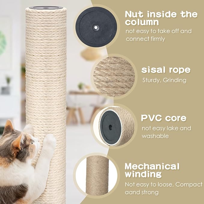 6 Pack Cat Scratching Post Replacement, White Hemp Rope Refill Scratching Post Cat Tree DIY Spare Cat Scratcher Large Cat Tower Refurbishment for Indoor Cats with M8 Screws, 3.5 x 15.8 Inches