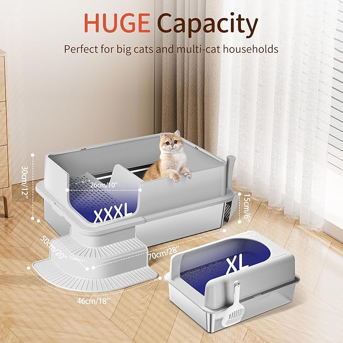 XXXL Stainless Steel Litter Box, 28"x20"x12" Extra Large Semi Enclosed High Sided Metal Cat Litter Box with Filtered Grid, Step, Scoop, Non-Sticky, Non-Odor, Easy Cleaning (Light Gray)