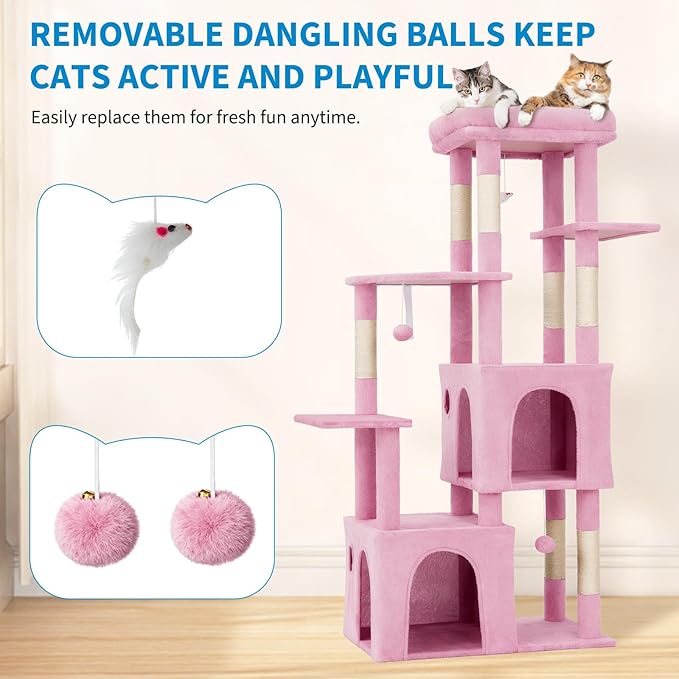 GarveeLife 61" Multi-Level Cat Tree for Indoor Cats, Heavy-Duty Tower for Large Adult & Maine Coon Cats with Oversized Perch, Dual Condos, Natural Sisal Scratching Posts & Play Toys – Pink