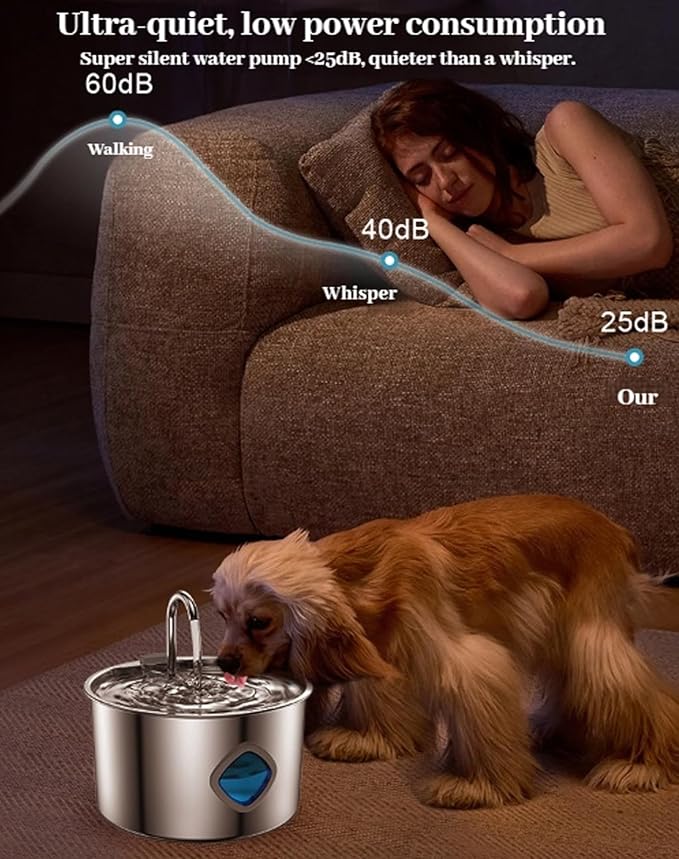 Vetiflow - Vetiflow Dog Water Bowl 3.2L, Stainless Steel Water Bowl with Continuous Flow & 4-Stage Filtration, Quiet Pump, Easy-Clean Design, Fresh Drinking Fountain for Dogs Cats (8+4 Filters)