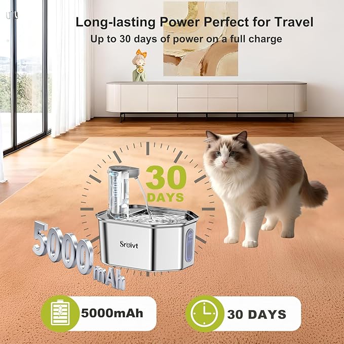 Cat Water Fountain Stainless Steel - cat Fountain - Water Fountains for Cats - pet Water Fountain - Dog Water Fountain - Stainless Steel cat Water Fountain Cordless - 88oz/2.6L,1Filters