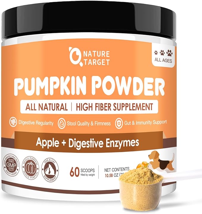 NATURE TARGET Pumpkin for Dogs and Cats, Natural Fiber for Dogs, with Digestive Enzymes, Apple, Healthy Stool and Digestive Support, Diarrhea, Constipation Relief, Pumpkin Powder for Dog to Make Puree
