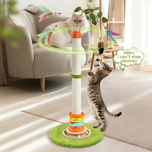 Cat Scratching Post，40'' Tall Cat Scratcher Tree Cat Toys for Indoor Cats with Cat Toys 4-Tier Roller Track，Automatically Rotating cat Teaser Wand，Hanging Balls for Kittens Adults Cats