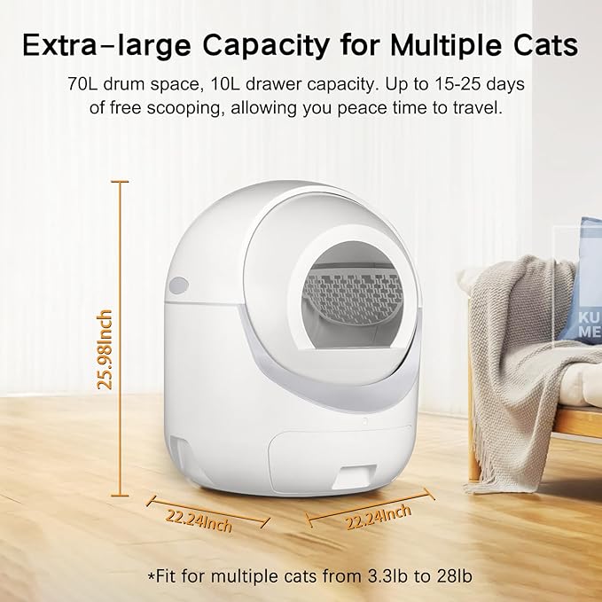 Self Cleaning Cat Litter Box, Automatic Cat Litter Box with APP Control Odor Removal Safety Protection for Multiple Cats