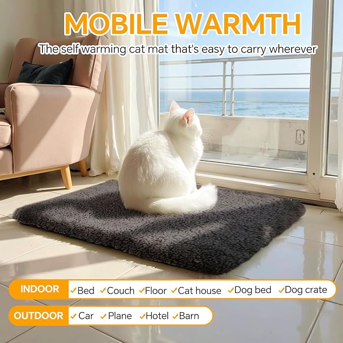 Self Warming Cat Bed Self Heating Cat & Dog Pad - Waterproof Heated Thermal Mat, Non-Slip, Washable for Senior Pets, Kittens, Dogs, Indoor/Outdoor Use, Non-Electric (dark grey, 28.8" X 18.9")