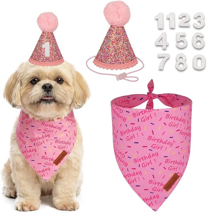PTDECOR Dog Birthday Party Supplies, Pink Birthday Girl Bandana, Glitter Dog Birthday Hat with Numbers for Small Dogs Pets (Small)