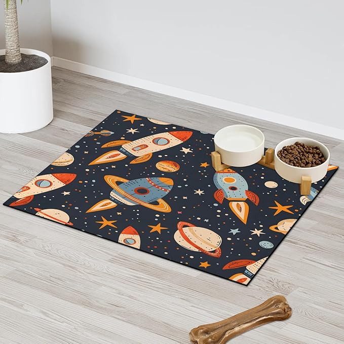 Rocket Dog Food Mat for Floors Absorbent, Quick Dry Water Dispenser Mat for Food, Water, Pet Supplies 16" x 24", Outer Space