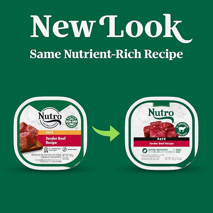 Nutro Adult Natural Grain Free Wet Dog Food Pate, Adult Dog Food Wet Recipe, Tender Beef Recipe, 3.5 oz. Trays (24 Count, Pack of 1)