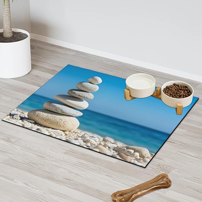Stone Dog Food Mat for Floors Absorbent, Quick Dry Water Dispenser Mat for Food, Water, Pet Supplies 17" x 30", Hawaiian Beach