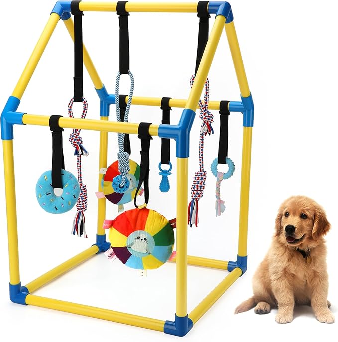 Puppy Play Gym with 8 Hanging Toys, Indoor Jungle Gym Toys for Small Dogs with PVC Frame, Interactive Puppy Toy with Bungee Straps for Entertainment Funny Teething and Mental