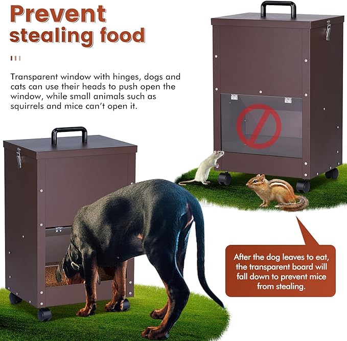 Automatic Dog Feeder Large Breed 30lb Outdoor Dog Food Dispenser for Large Dogs Self Feeding Galvanized Metal Dogs Pets Feeder Gravity Food Feed with Wheels (Brown)