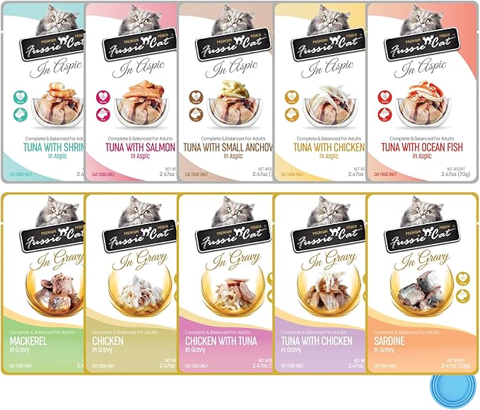 Fussie Cat Premium Wet Cat Food in Gravy and in Aspic, 2.47-oz Pouches, 10 Flavor Variety Pack+ lid