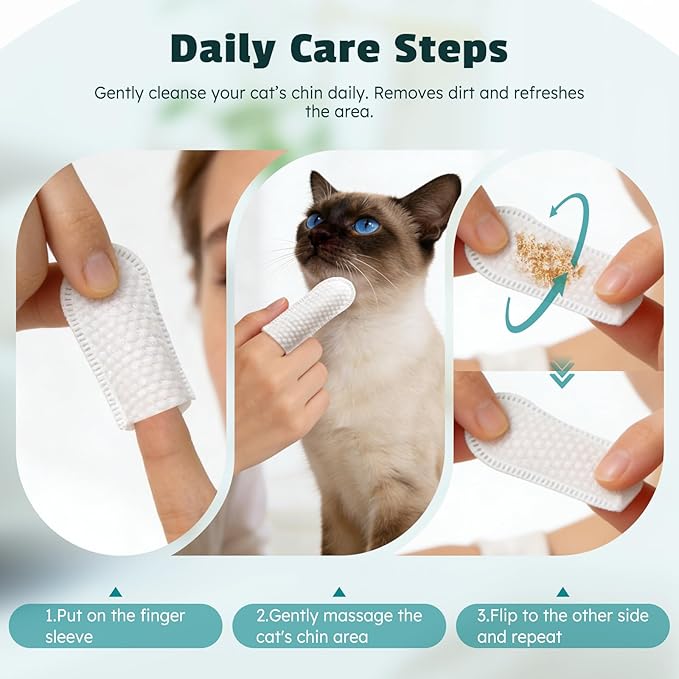 Cat Chin Finger Wipes for Cat Acne & Black Chin Buildup – Plant-Based, Gentle Cat Acne Wipes for Daily Chin Cleaning, Finger Mitt Design, 50 Count