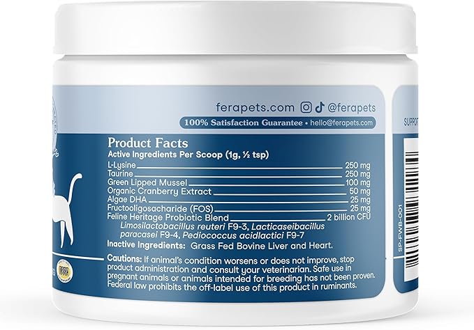 Fera Pets Wellness Blend - Cat Health Supplement with Feline-Specific Probiotics, Taurine and Lysine - Promotes Healthy Joints, Immunity, Heart & Bladder -Powder - 60 Scoops