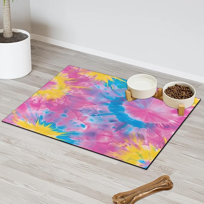 Tie Dye Dog Food Mat for Floors Absorbent, Quick Dry Water Dispenser Mat for Food, Water, Pet Supplies 17" x 30", Pink Yellow Blue