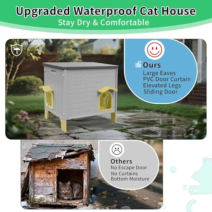 Rockever Insulated Outdoor Cat House, Waterproof Cat House for Outdoor Cats with Escape Door, Plastic Feral Cat House Outdoor Indoor, Spacious and Clean Easily (Grey,L)