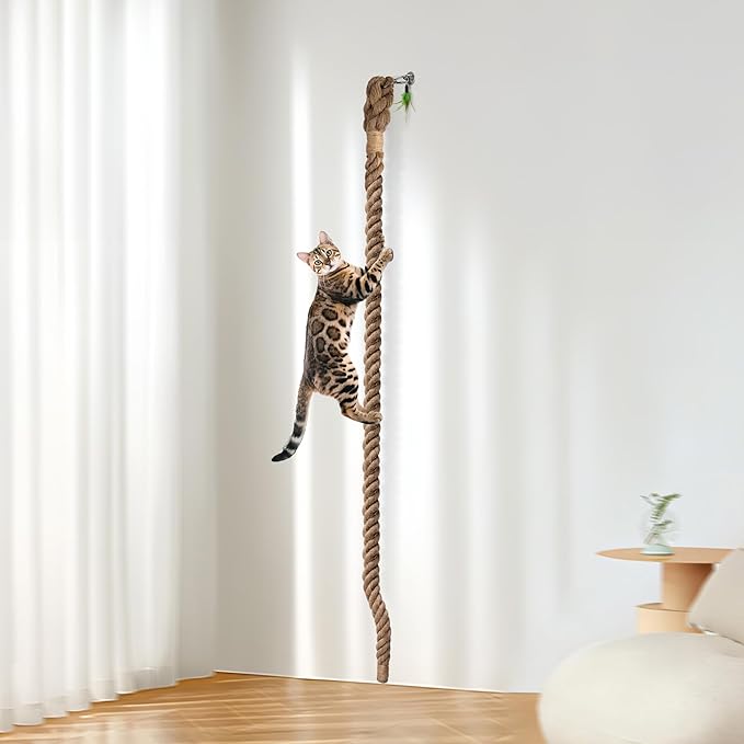 2" x 9.84Ft Cat Climbing Rope with Hook for Ceiling & Wall Mounted, Natural Sisal Rope for Cat Scratcher with Feather Toy for Indoor/Outdoor Cats, Durable Cat Tree Replacement Rope