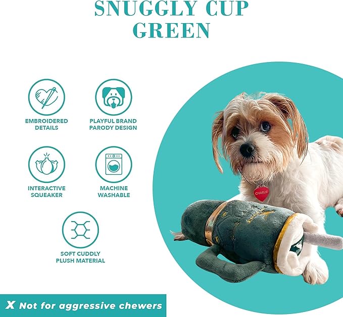 Haute Diggity Dog Snuggly Cup Plush Dog Toy for Small, Medium & Large Dogs, Interactive Funny Squeaky Toys, Soft, Durable, Machine-Washable, Safe & Cute Birthday Gift for Dogs, Green