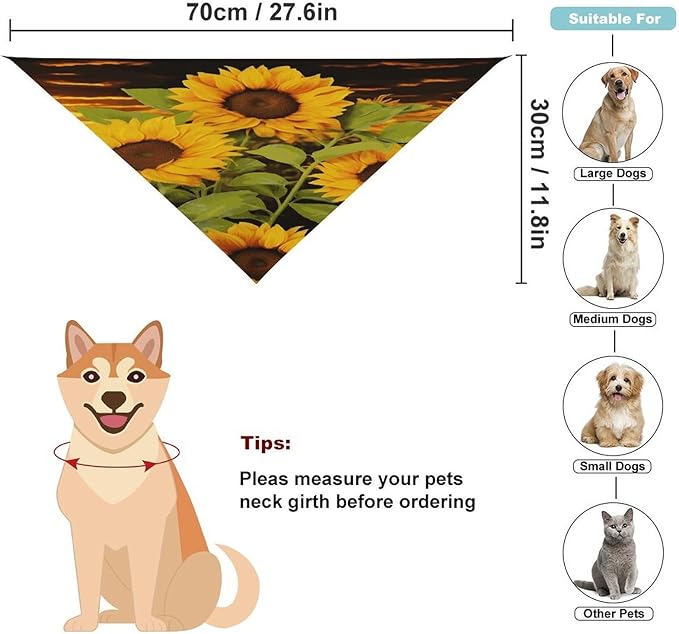Dog Bandana Spring Pet Scarf Adjustable Triangle Sun Flower Printing Dog Bib Washable Polyester Puppy Bandana for Small Medium Large Dogs Cat Birthday Party Supplies