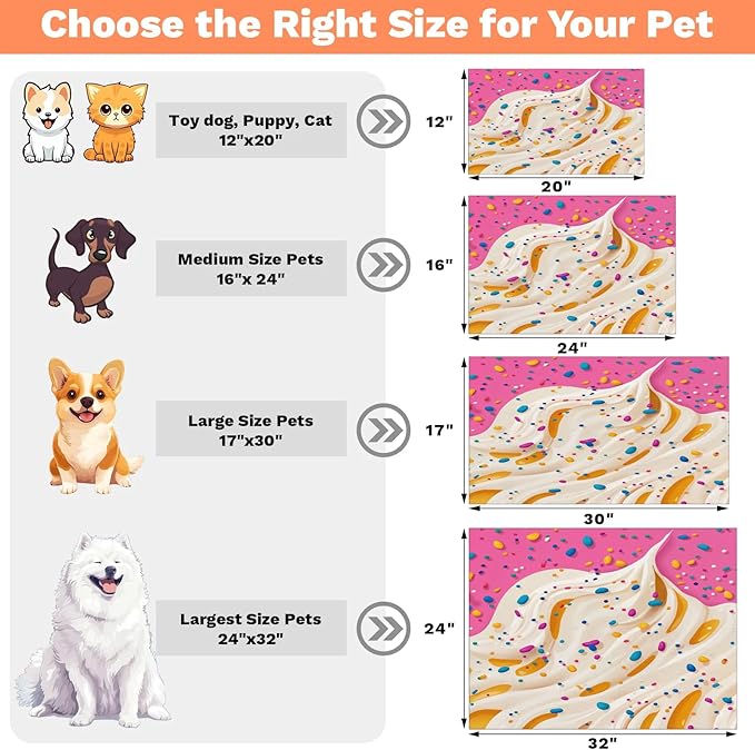 Ice Cream Dog Food Mat for Floors Absorbent Dog Bowl Mat for Food and Water Dispenser Quick Dry Cat Food Placemat Pet Supplies 16" x 24", Colorful Dessert