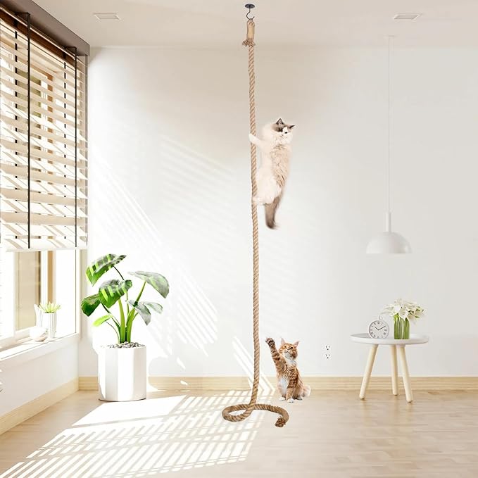 Cat Climbing Rope with Hook, Natural Jute Ropes for Ceiling & Wall Mounted,Cat Climbing Sisal Rope Cats Scratch Rope Suitable for Indoor Cats (1.20" x 6.56Ft)