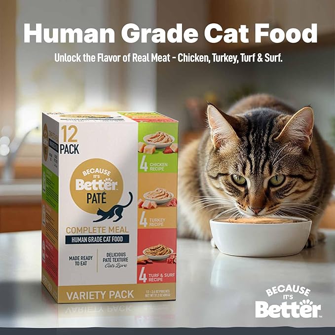 Because It's Better Pate Complete Meal, Variety Pack, Ocean, Turkey and Chicken Flavors 2.6 oz Pouches, Wet Cat Food, 12 Count