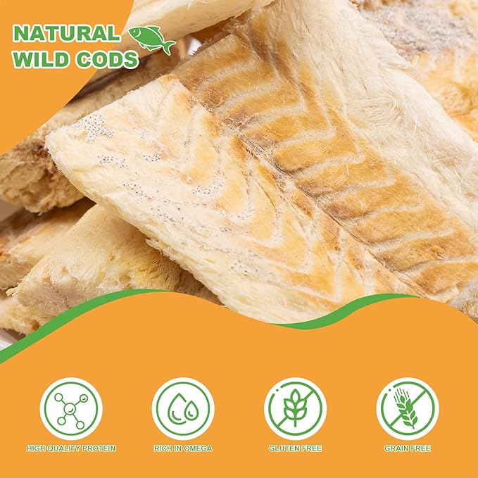 Freeze Dried Cod Dog & Cat Treats - Single Ingredient, High Protein, Rich in Omega-3 Supports Joint, Skin Coat Health, Large Piece Training Snacks (14-15 Pcs)