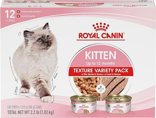 Royal Canin Feline Health Nutrition Kitten Thin Slices in Gravy and Loaf in Sauce Variety Pack Cat Food, 3 oz (Pack of 12)