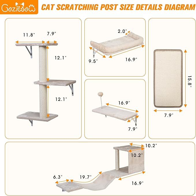 COZIWOW Cat Wall Shelves Set, 5-Piece Wall Mounted Cat Furniture with Cat Tree & Scratching Post, Floating Cat Perches for Indoor Cats（Beige）