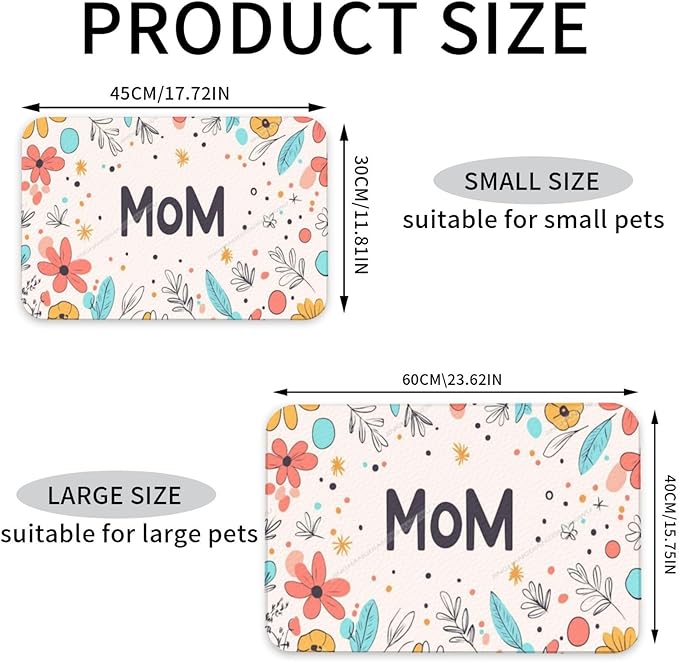 Pet Feeding Mats with Residue Collection Happy Mother's Day Floral Gift for Mom Kt Waterproof Dog Cat Bowl Mat 24x16In with Prevent Water Food Spills