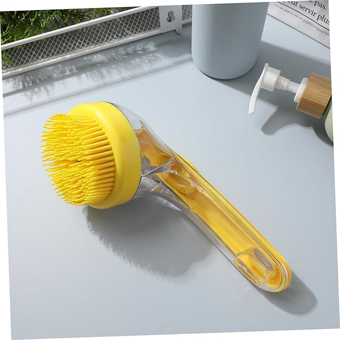 POPETPOP Pet Bath Brush for Cats and Dogs Ergonomic Handle Grooming Tool with Soap Dispenser Soft Head for Gentle Cleaning of Animals Indoor Use Easy to