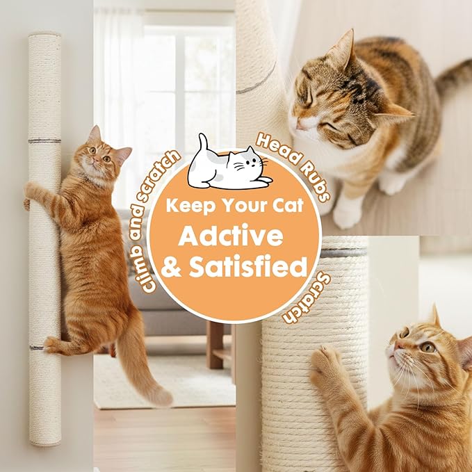PowerKing 32" Wall Mounted Cat Scratcher,Extra Tall Sisal Cat Scratching Post for Large Indoor Cats, Space-Saving Vertical Wall Cat Climbing Pole with Natural Wood & 360° Rotating Design