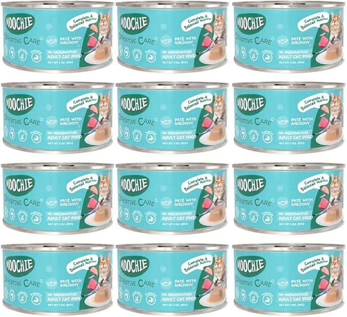 MOOCHIE Digestive Care Grain Free Wet Cat Food — Anchovy, Chicken, Tuna & Beef Liver - No Artificial Flavors or Preservatives - 12 × 3 oz cans
