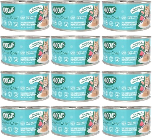 MOOCHIE Digestive Care Grain Free Wet Cat Food — Anchovy, Chicken, Tuna & Beef Liver - No Artificial Flavors or Preservatives - 12 × 3 oz cans