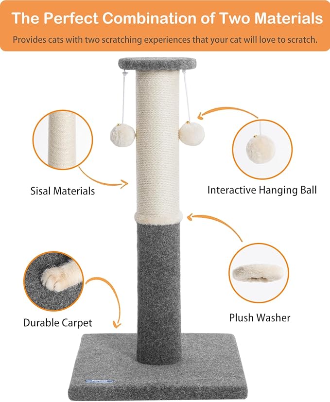 34-Inch Tall Cat Scratching Post for Indoor Cats, Komicoll Large Scratch Post, Sisal Cat Scratcher, Sturdy and Durable Cat Post with Hanging Ball