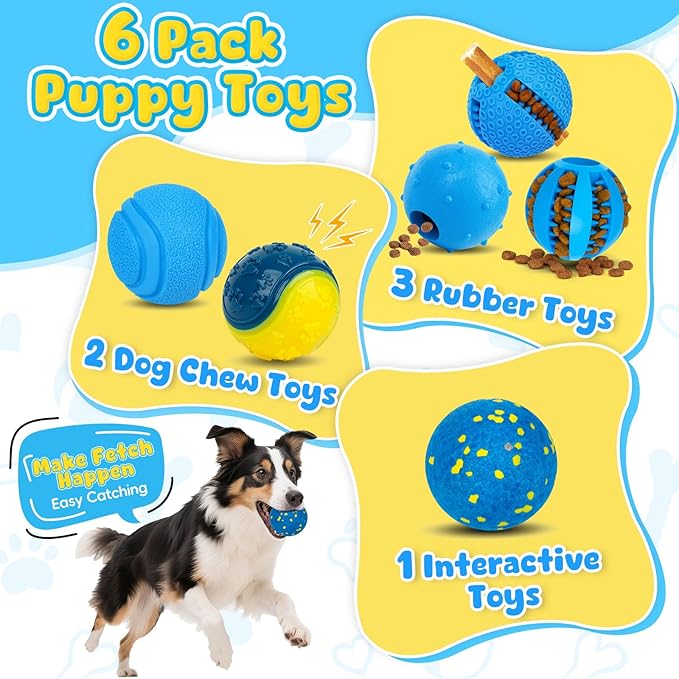Dog Balls 6 Pack, Puppy Toys for Small & Medium Dogs, Interactive Dog Fetch Ball, Squeaky Chew Toys for Teeth/Slow Feeder/IQ Training/Playing, Dog Toys to Keep Them Busy (Blue)