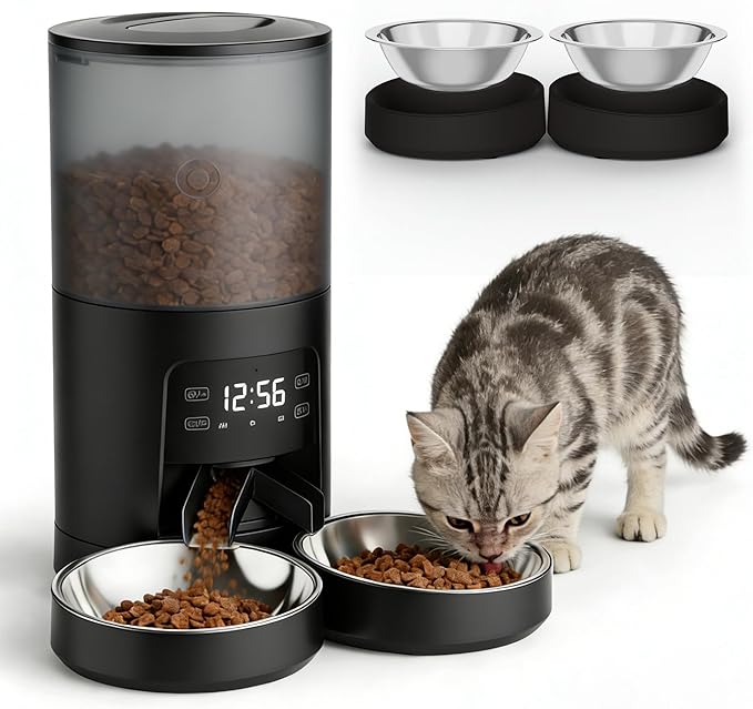 DUMOS Automatic Cat Feeder for 2 Cats, 6L Timed Cat Food Dispenser with 2 Stainless Bowls, 10s Voice Recorder, Dual Power Supply, 6 Meals 50 Portions Per Day, Dual Pet Feeder for Cat and Dog, Black