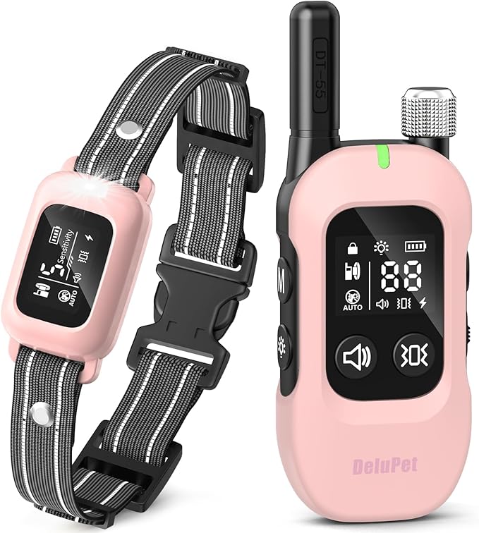 Delupet 2-in-1 Dog Shock & Bark Collar – 4500FT Dog Training Collar with Remote, 3 Training Modes & LED Light, IPX8 Waterproof E Collar with Anti-Barking for Small Medium Large Dog (Pink)