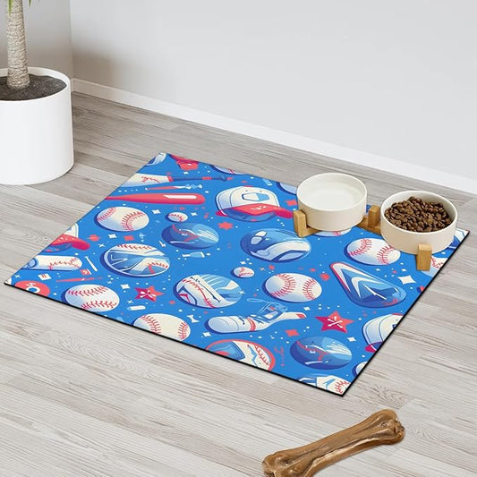 Baseball Dog Food Mat for Floors Absorbent, Quick Dry Water Dispenser Mat for Food, Water, Pet Supplies 16" x 24", 4th of July