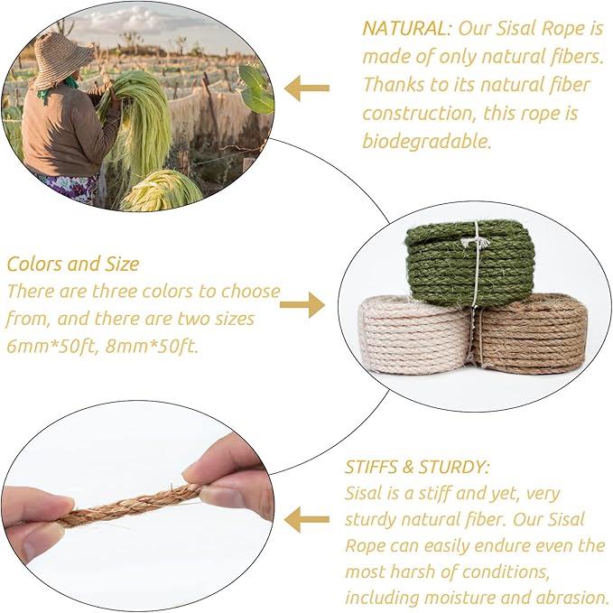 Sisal Rope for Cat Scratcher 3/10 Inch 50 Feet Cat Tree Rope Replacement Natural Hemp Rope, Thick Cat Scratching Post Rope for Indoor/Outdoor, Repairing, Recovering, DIY Scratcher (Brown)